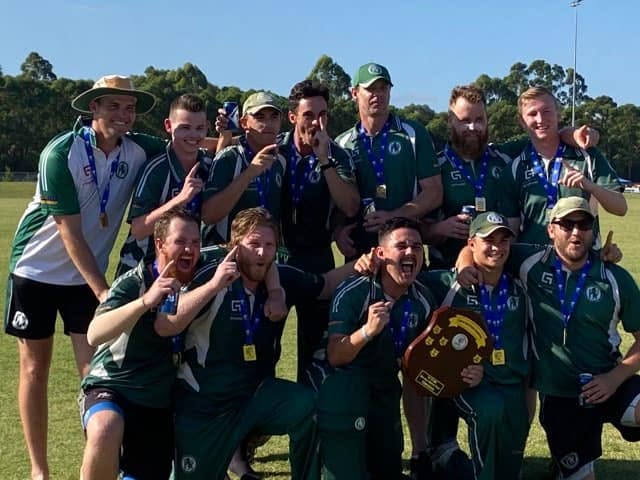Men's team celebrating a premiership with the shield